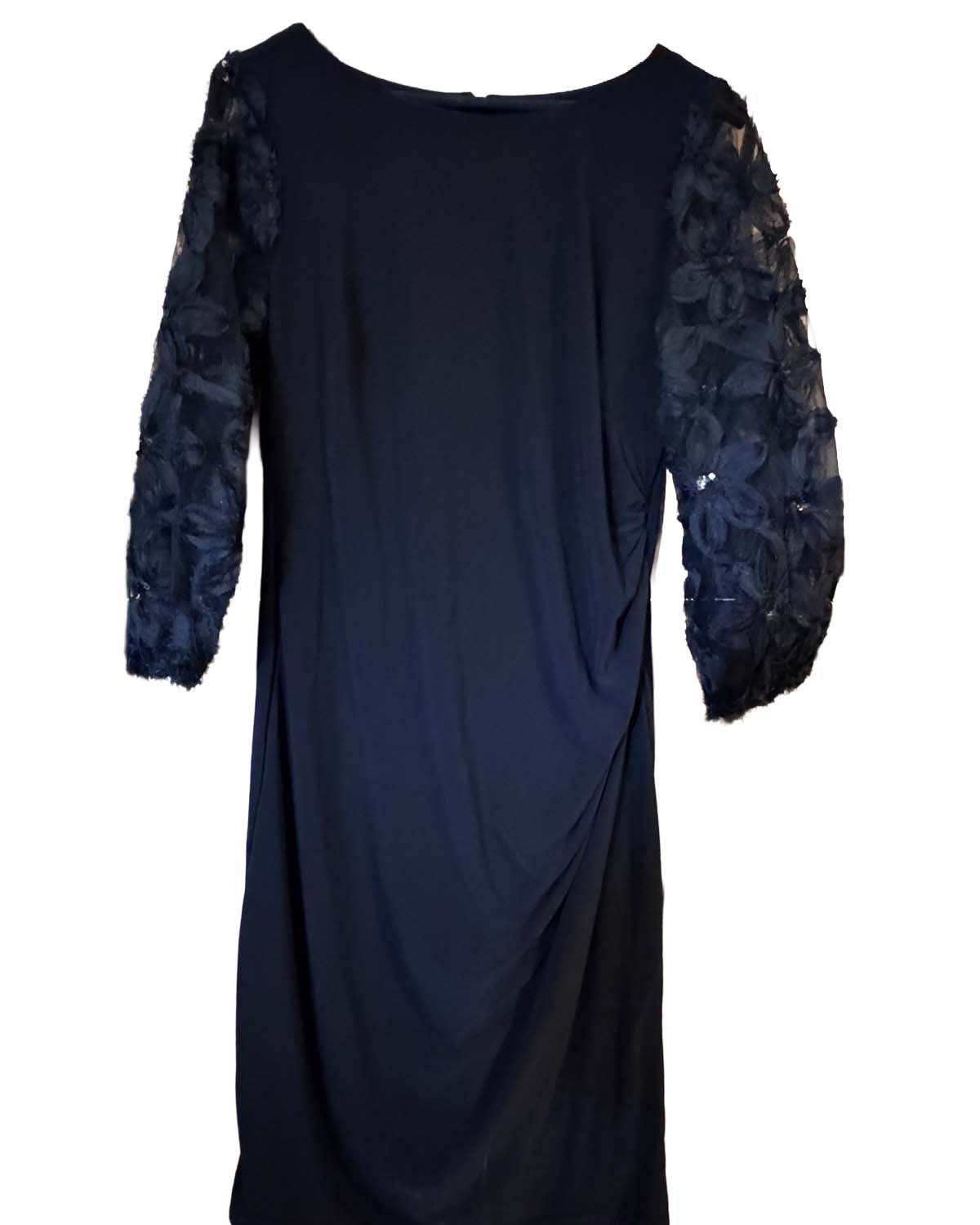 Floral-appliqué sleeve sheath in Black, Size 14