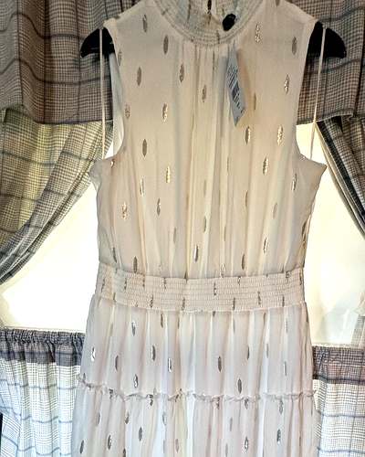 Metallic-print tiered midi dress in New Ivory, Size XL