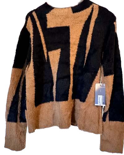 Worthington Bold Geo fuzzy sweater in Black / Camel, Size XL