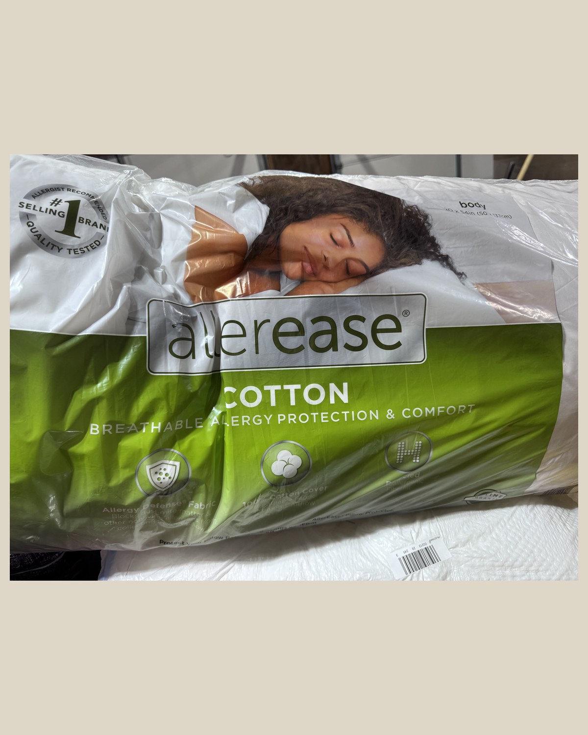AllerEase Cotton body pillow, 20 by 54 inches, sealed in original packaging