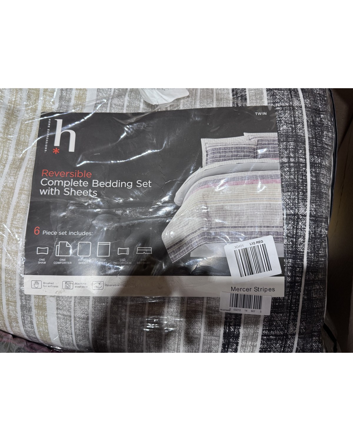 Home Expressions Mercer Stripes reversible complete bedding set, Twin, sealed in original packaging