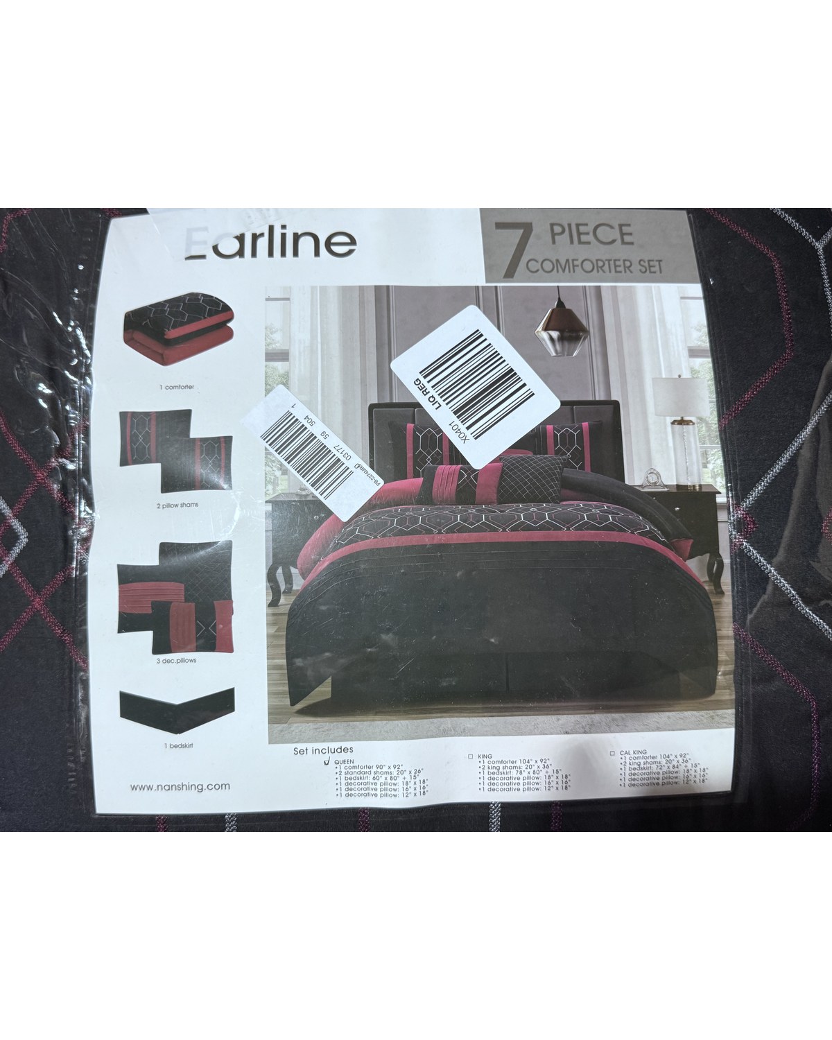 Earline 7-piece comforter set by Nanshing, black and red, Queen, sealed in original packaging