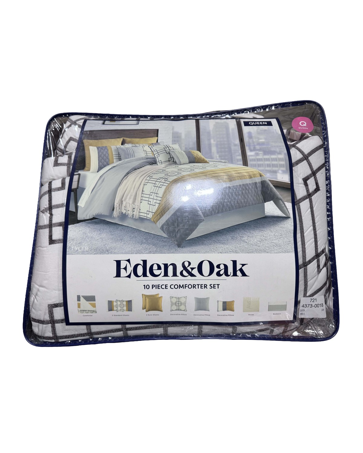 Eden & Oak Tyler 10-piece geometric embroidered comforter set, gray, Queen, sealed in original packaging