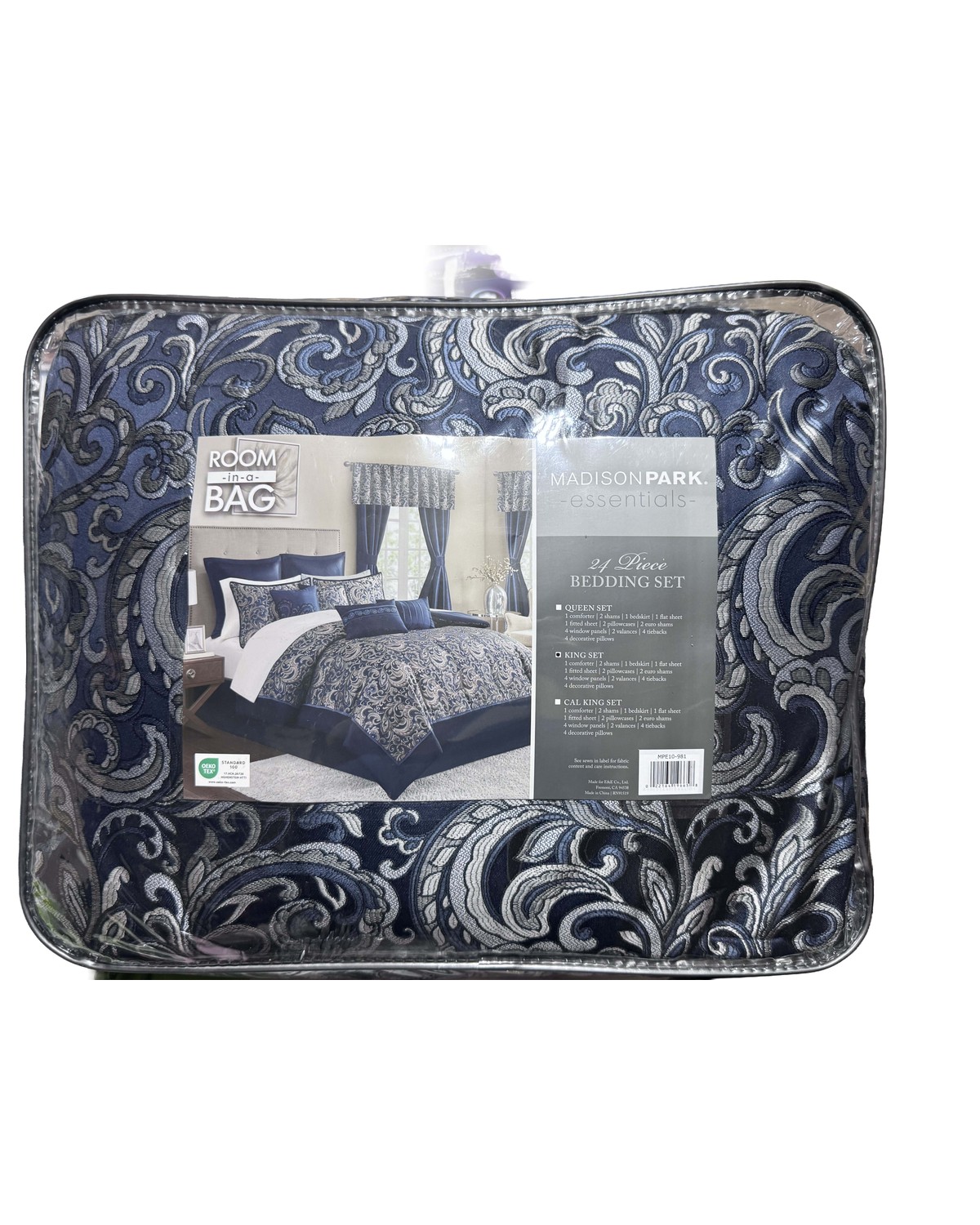 Madison Park Essentials 24-piece room in a bag bedding set, navy damask, King, sealed in original packaging