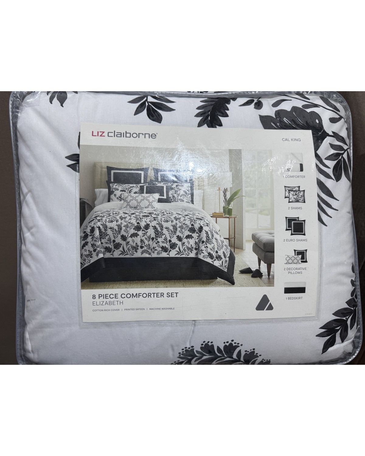 Liz Claiborne Elizabeth 8-piece comforter set, black and white, Cal King, sealed in original packaging