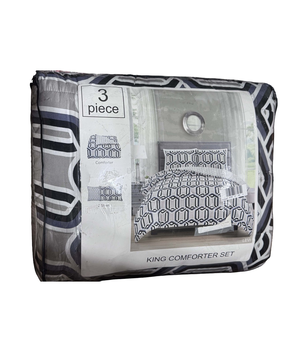 Levi geometric 3-piece comforter set, grey and black, King, sealed in original packaging