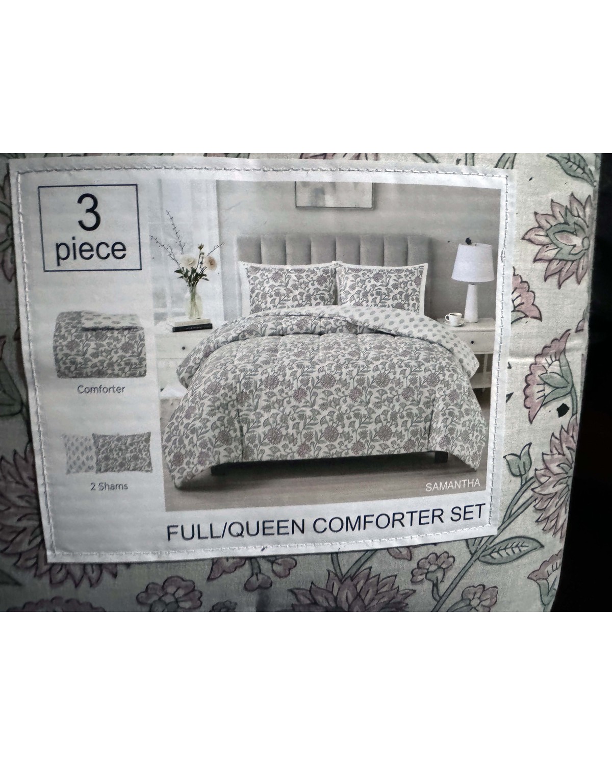 Samantha 3-piece comforter set, grey floral, Full/Queen, sealed in original packaging