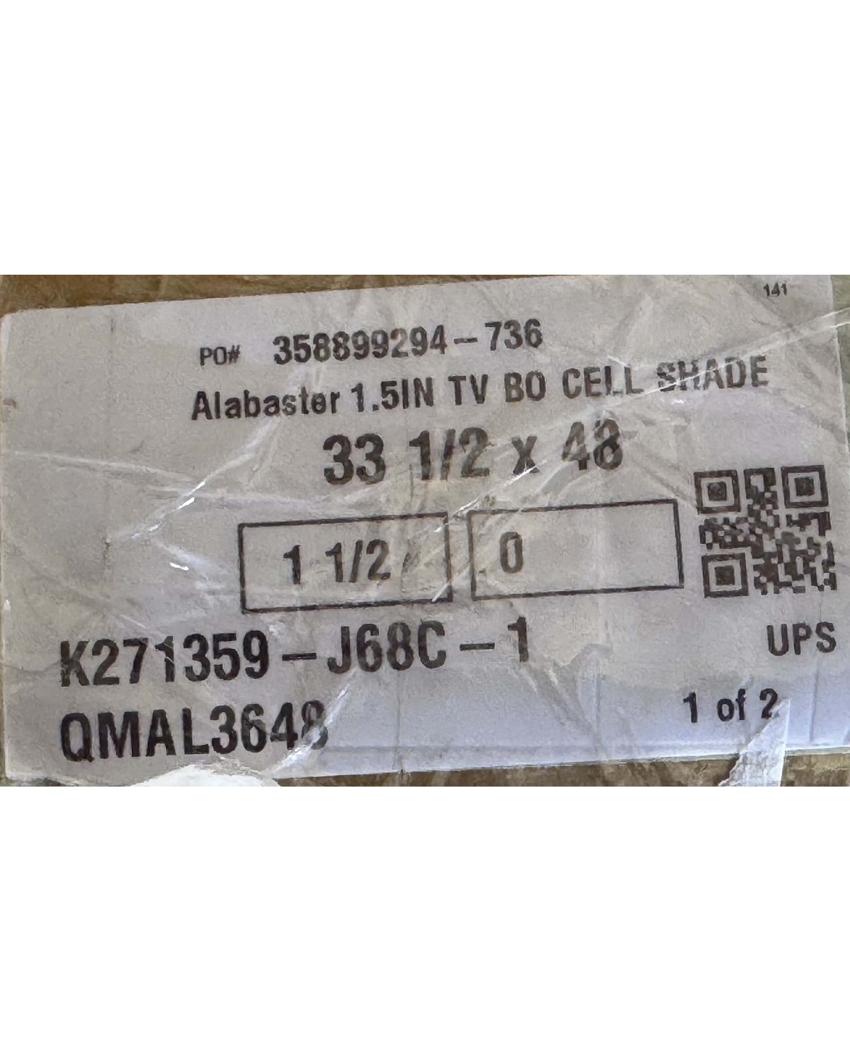 Alabaster 1.5 inch blackout cellular shade, 33 and a half by 48 inches, sealed in original packaging