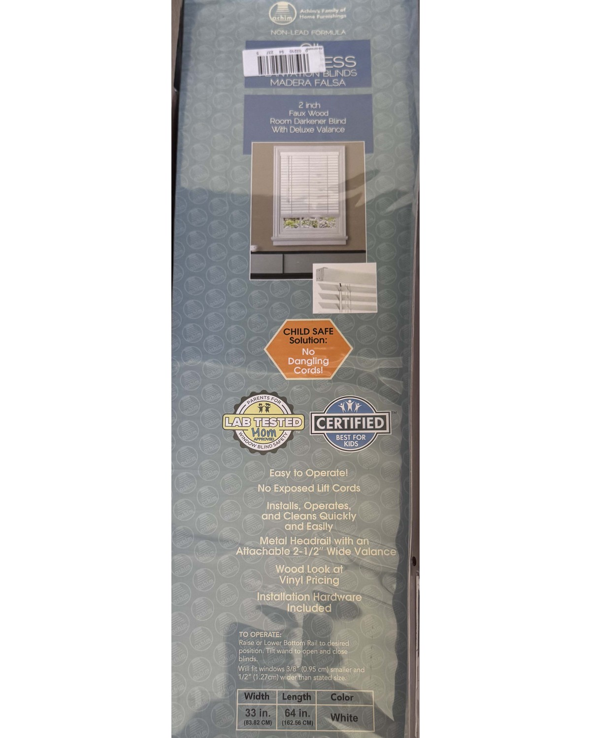 Achim Madera Falsa 2 inch cordless faux wood blind in white, 33 by 64 inches, sealed in original packaging