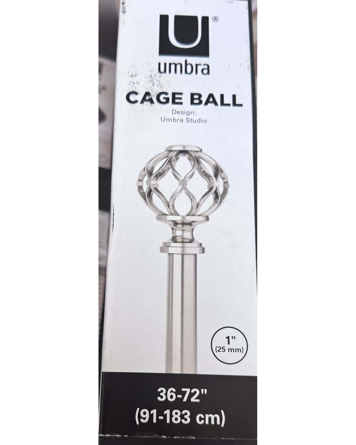 Umbra Cage Ball curtain rod in nickel, 1 inch diameter, 36 to 72 inches, sealed in original box