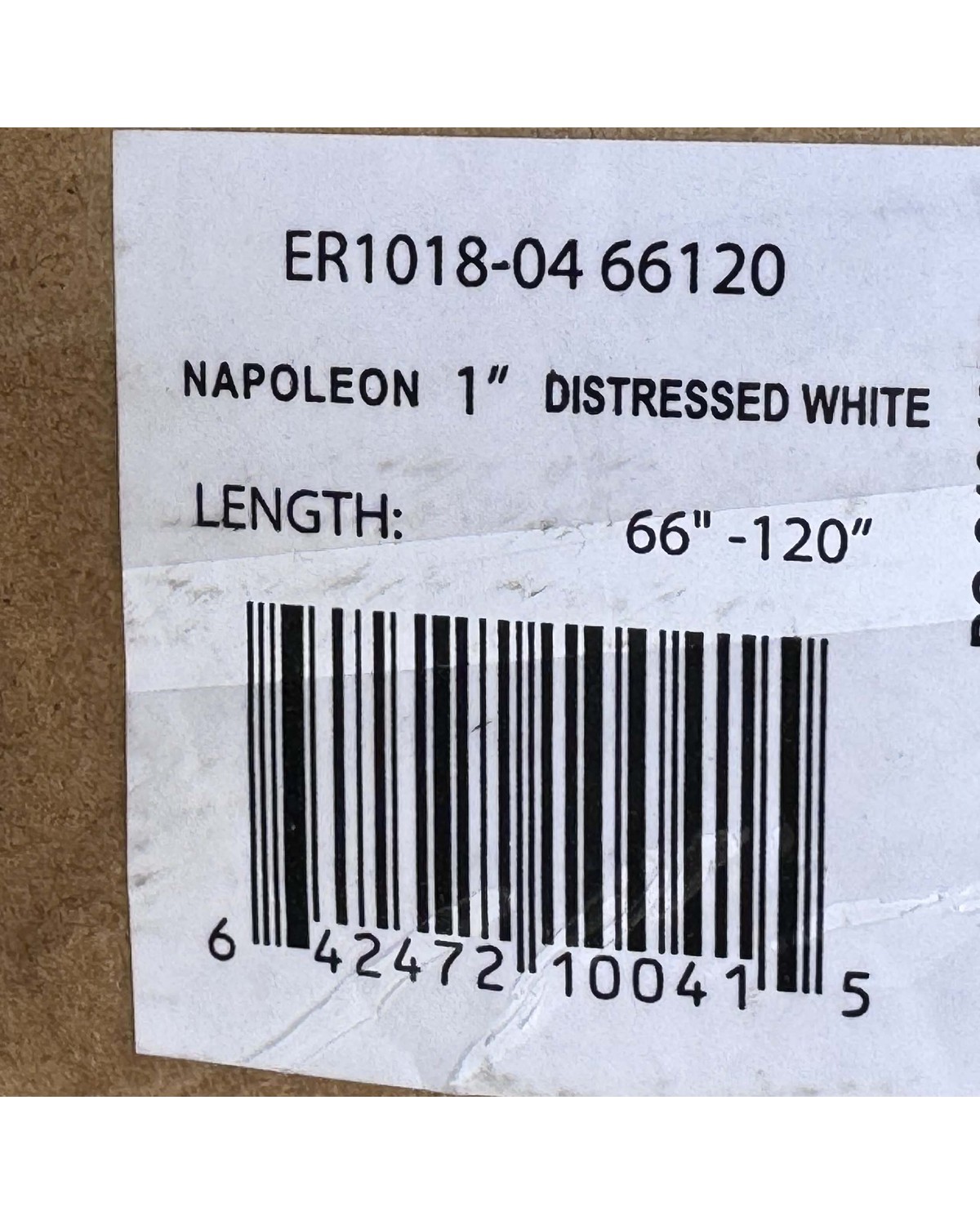Napoleon curtain rod in distressed white, 1 inch diameter, 66 to 120 inches, sealed in original box