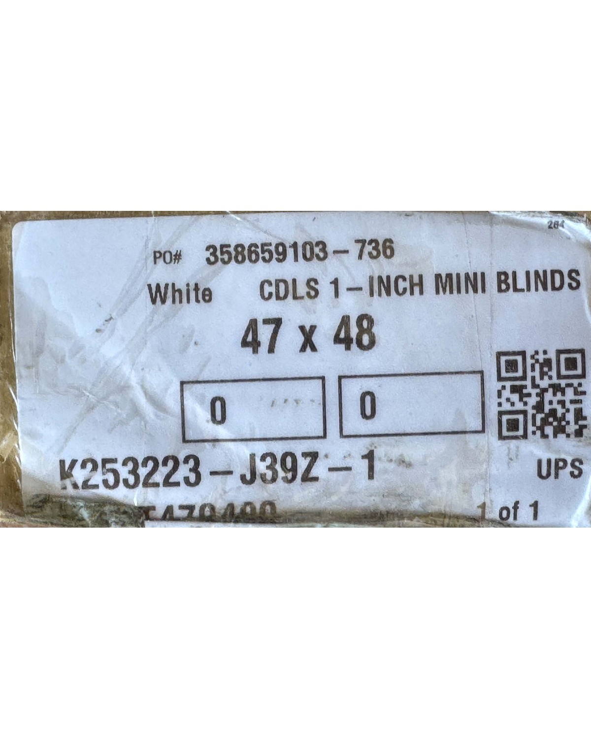 White cordless 1 inch mini blinds, 47 by 48 inches, sealed in original packaging
