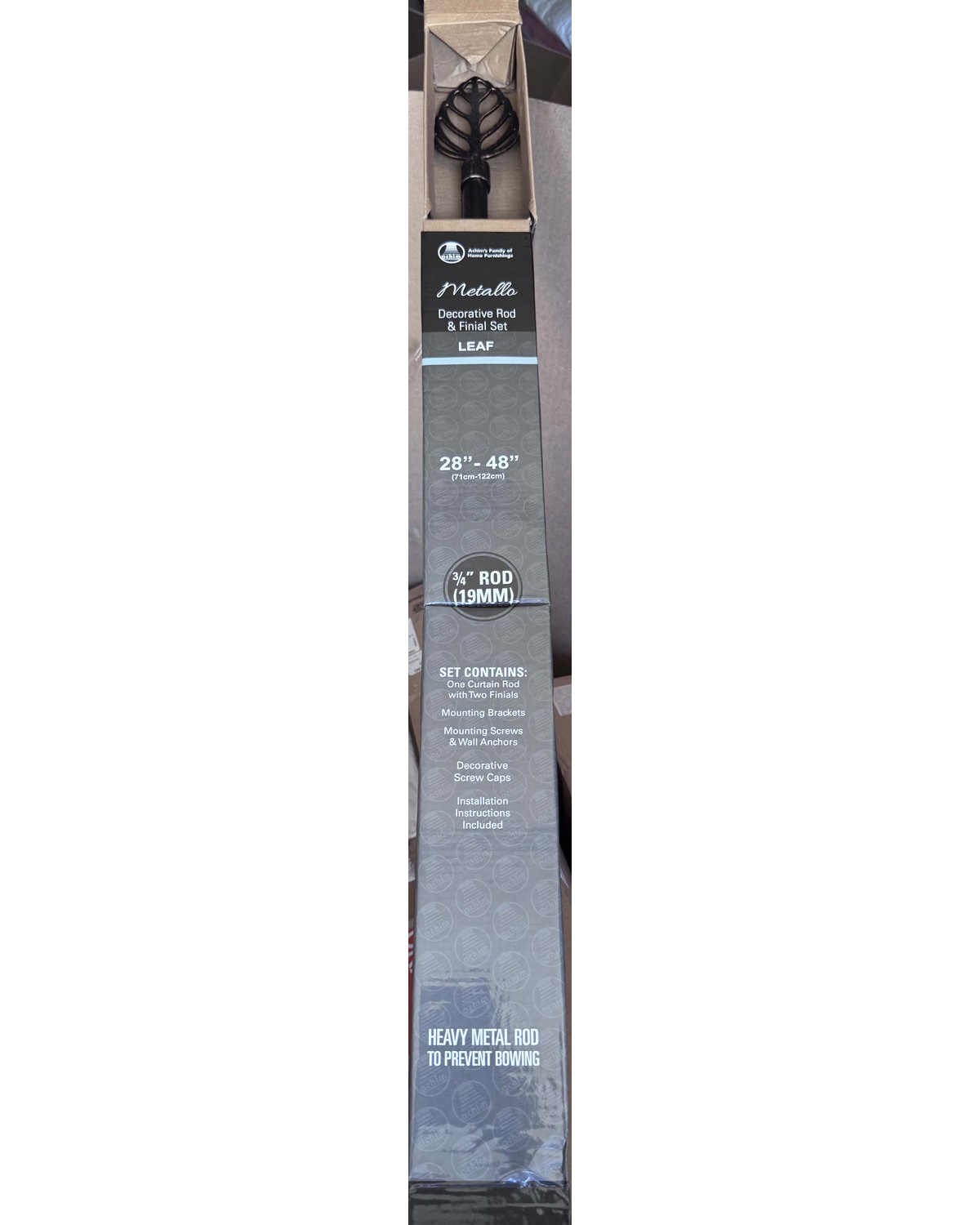 Achim Metallo Leaf decorative rod and finial set, three quarter inch, 28 to 48 inches, sealed in original box