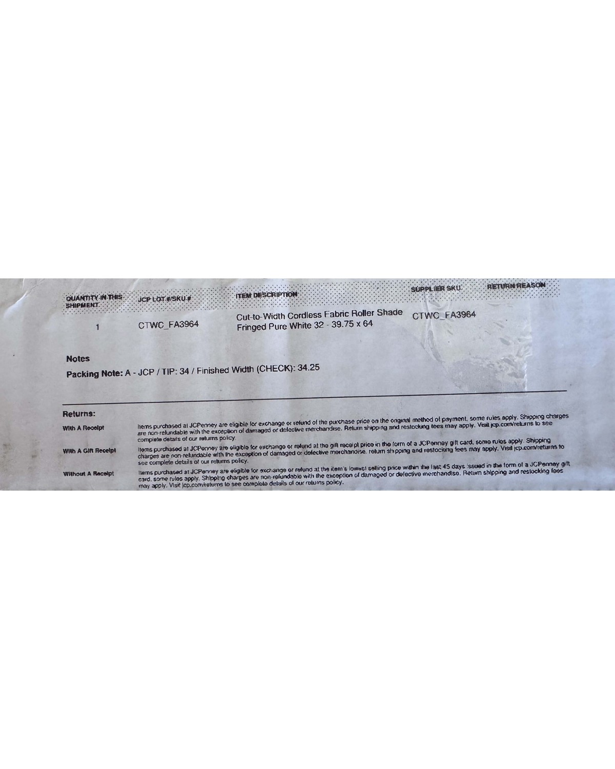 Cut-to-width cordless fabric roller shade, fringed pure white, 34 and a quarter by 64 inches, sealed in original packaging